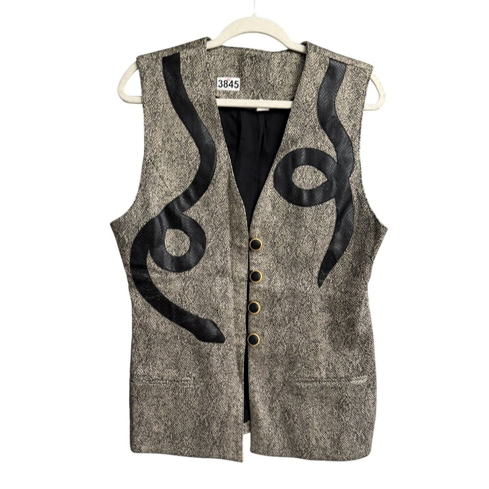 Textured Vest Button Front Sleeveless Snake Animal Print Women's Beige Black 1